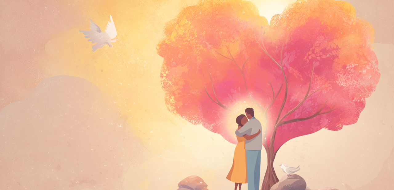 A cartoon-style illustration of two people with soft halos embracing under a radiant heart-shaped tree, with broken chains, a dove flying, and an open Bible nearby.