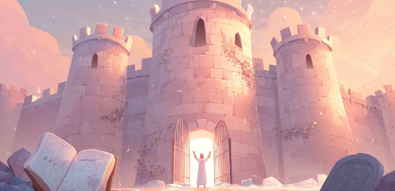 A cartoon-style illustration of a glowing stone fortress with a person with a soft halo standing at the gate, arms lifted, with broken chains, an open Bible, and climbing vines nearby.