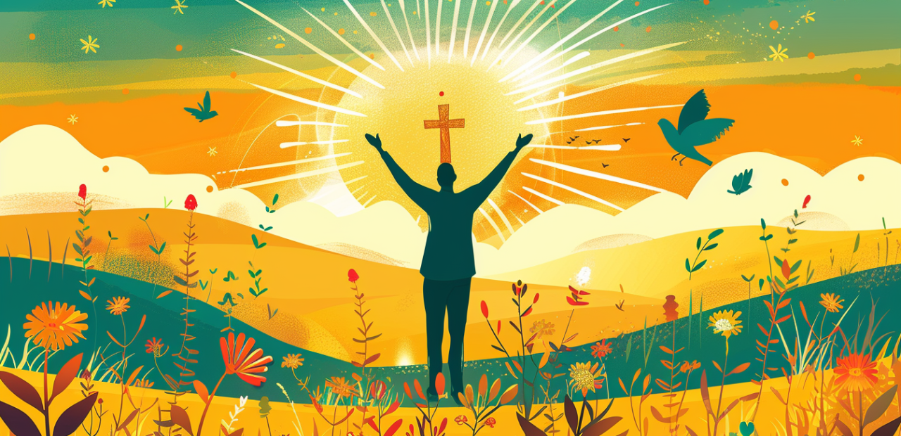 A person stands in a golden field with arms raised in praise, surrounded by sunlight, flowers, and birds, with a glowing cross in the distance.