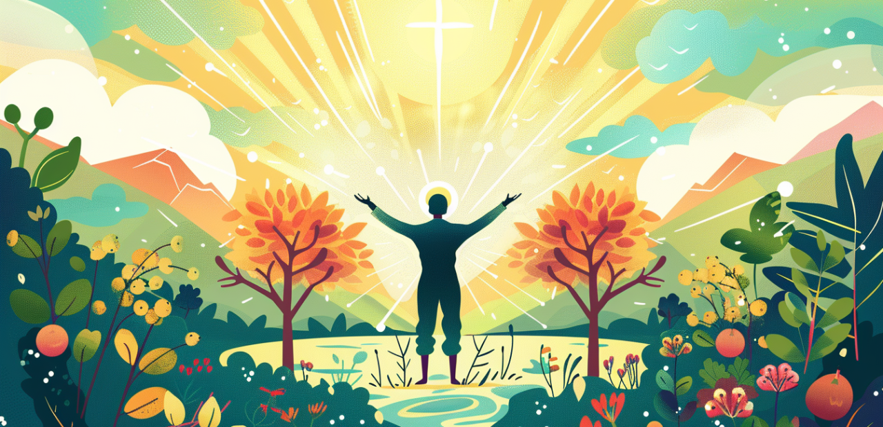 A person lifts their arms in gratitude while standing in a flourishing golden field surrounded by fruit trees, rivers, and glowing sunlight.