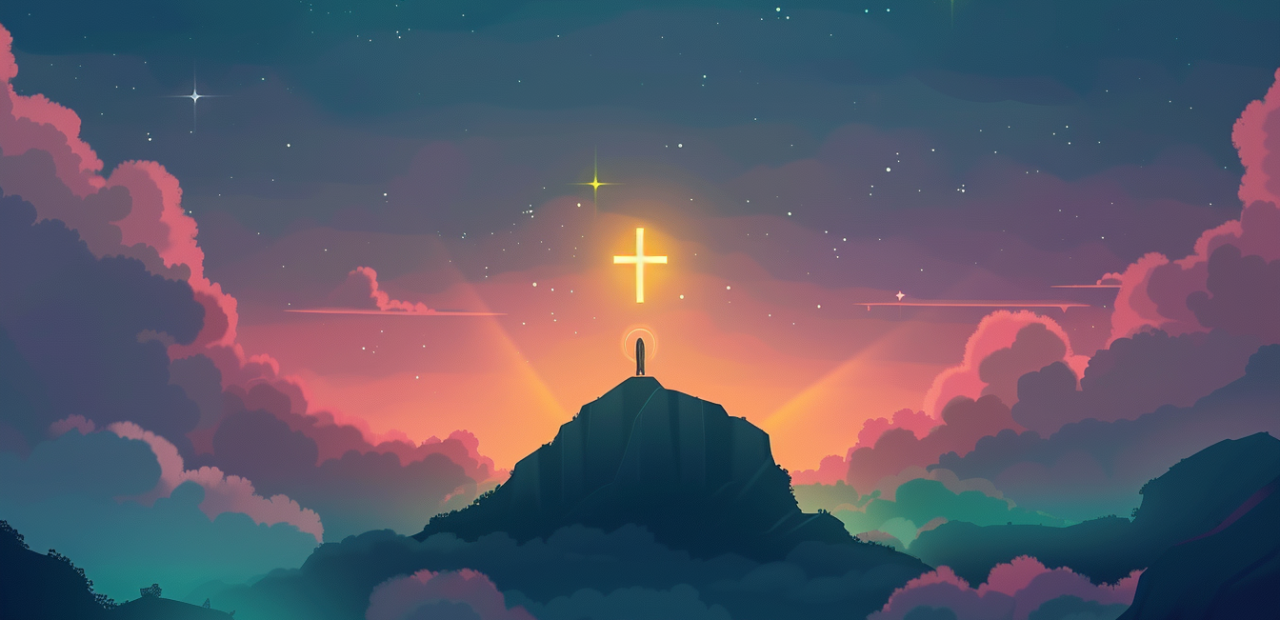 A cartoon-style figure stands on a mountaintop at twilight, gazing at a glowing cross in the sky surrounded by stars and golden light.