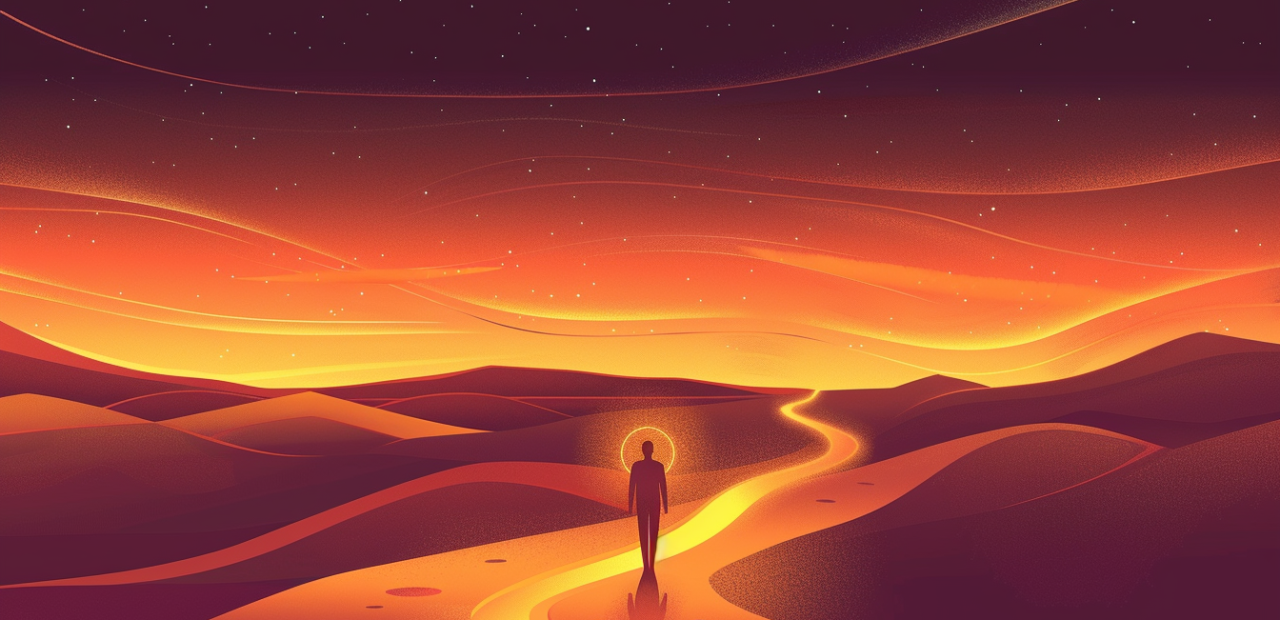 A cartoon-style figure stands alone at a glowing path in the desert, facing a radiant sunset with mountains on either side.