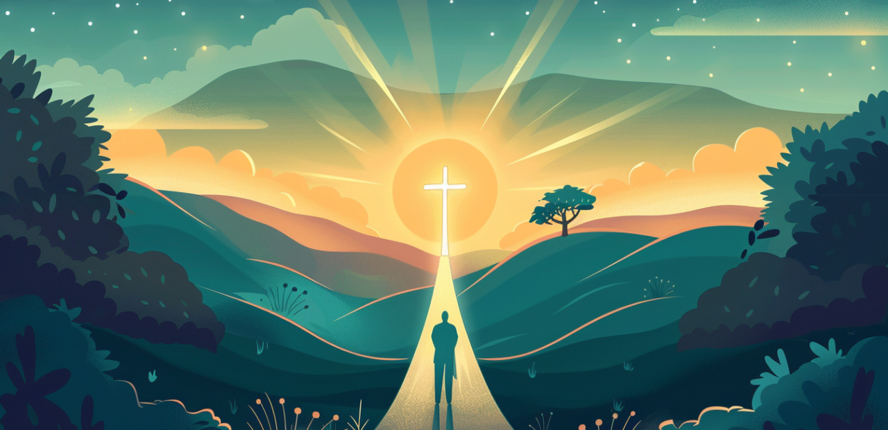 A person stands at a fork in the road, gazing toward a glowing cross in the distance under golden rays of heavenly light.