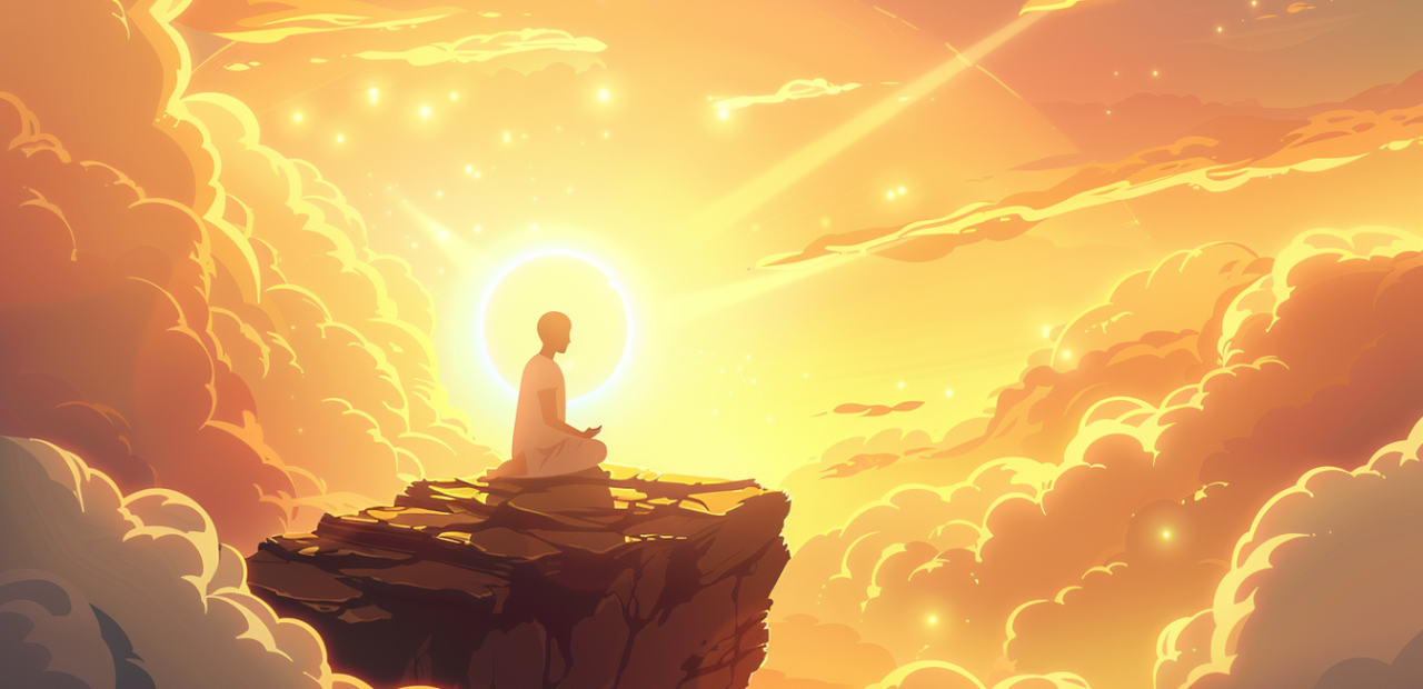 A glowing cartoon-style figure sits in prayer on a mountaintop surrounded by golden clouds and heavenly light, with a halo and rays of peace.