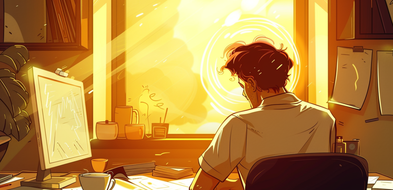 A cartoon-style worker sits at a desk bathed in golden sunlight, focusing on papers and a glowing computer screen with a peaceful, purposeful atmosphere.