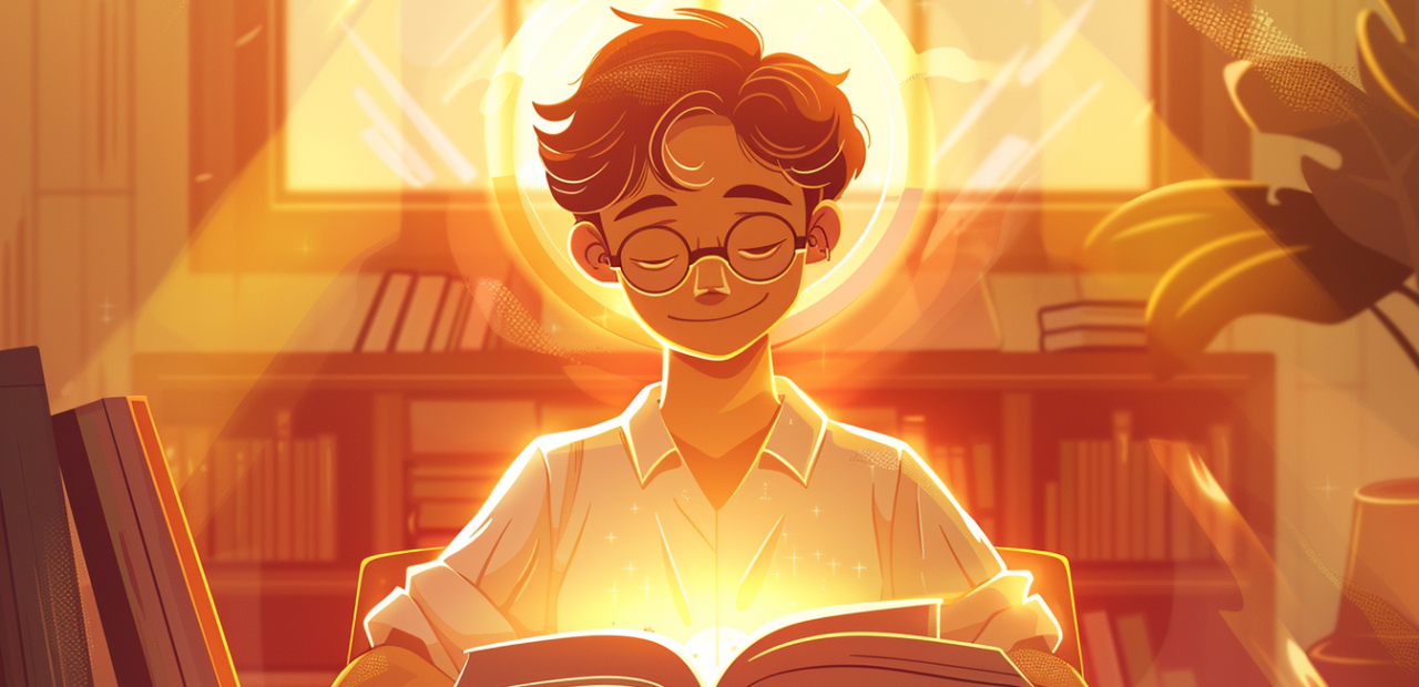 A cartoon-style student sits peacefully at a desk with a glowing open book, surrounded by golden light and a halo above their head.