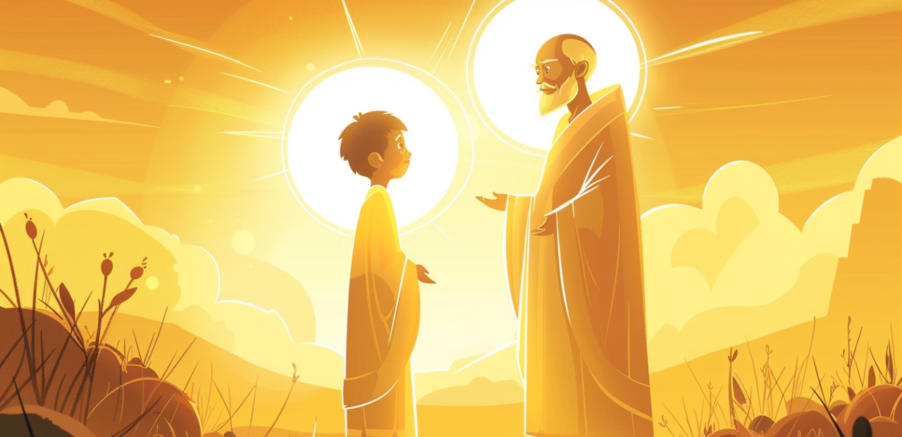 A young boy and an elderly man stand face-to-face in glowing robes under a radiant golden sky, both with halos as light passes between them.