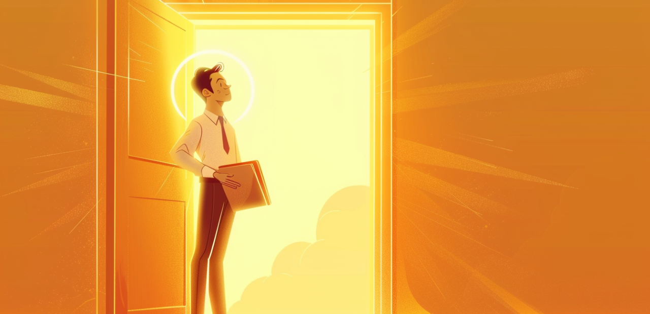 A cartoon-style young professional stands in front of a glowing open door, holding a folder, with a radiant halo and golden light surrounding him.