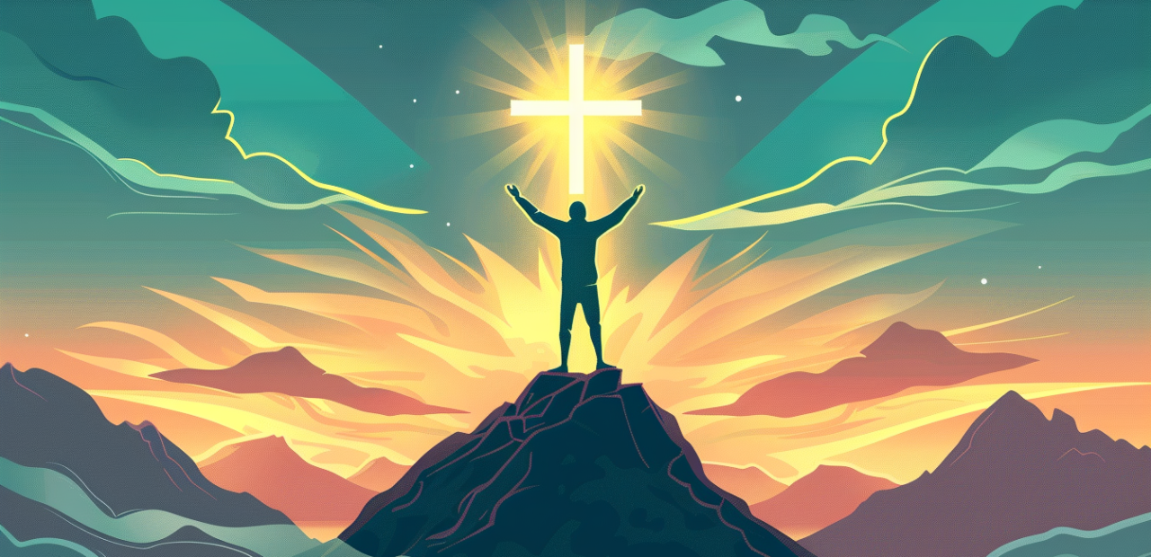 A person stands boldly on a mountaintop with arms raised, surrounded by golden light and a glowing cross in the sky behind them.