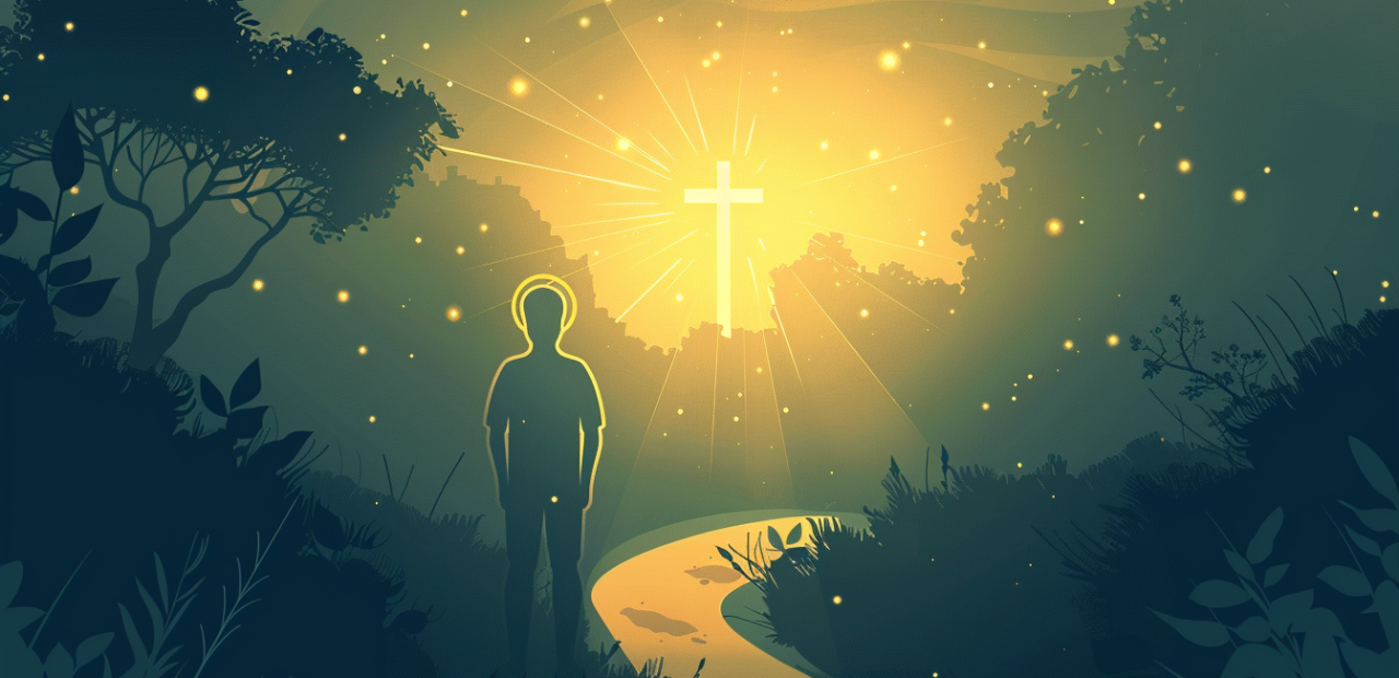 A person stands at the edge of a shadowy path, turning toward a glowing cross in the distance as golden light surrounds them.