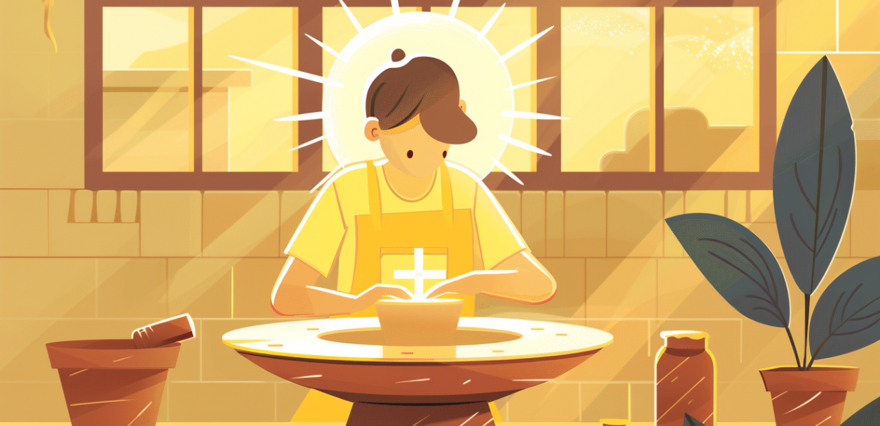 A person carefully shapes clay on a pottery wheel, bathed in golden light, with a glowing cross subtly visible in the background.