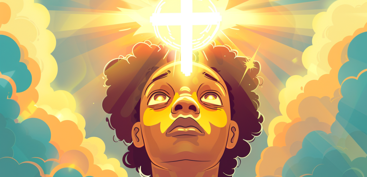 A person gazes upward with glowing eyes reflecting a cross in the sky, surrounded by golden light and soft clouds.