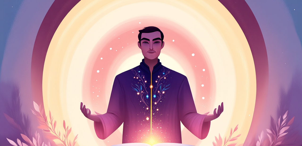 A cartoon-style illustration of a person with a soft halo raising a hand gently in a gesture of “no,” surrounded by warm light, an open Bible, and a small shield with a heart.