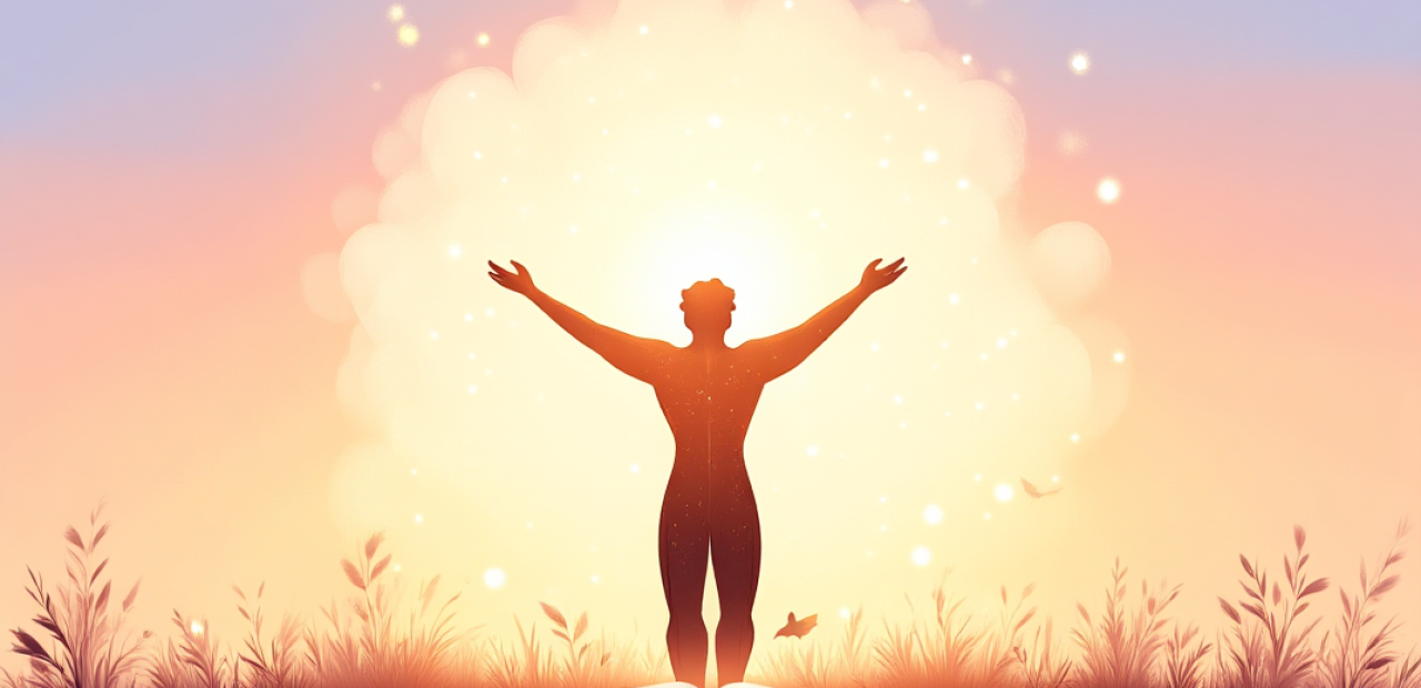 A cartoon-style illustration of a person with a soft halo lifting their arms in a sunrise field, broken chains falling from their wrists, with a bird taking flight and an open Bible nearby.