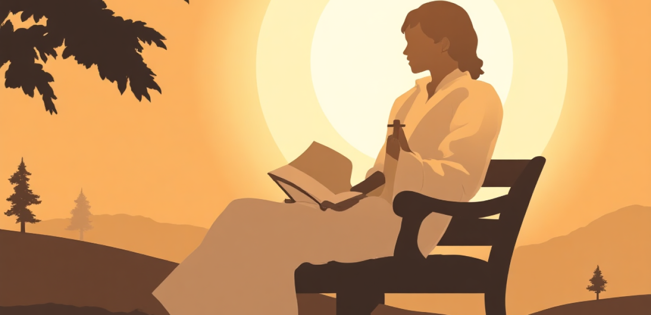 A cartoon illustration of a person with a halo sitting on a bench at dawn, holding a cross and Bible, with golden light rising in the background.